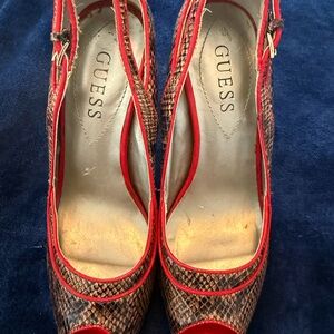 GUESS Red Trim Brown Snake-Print Peep-Toe Heels, 7